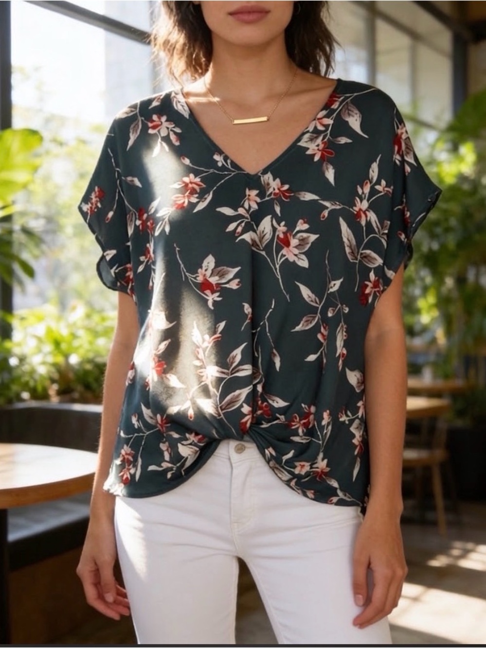 Beacon Apparel Floral V-Neck Short Sleeve Top in Dark Green